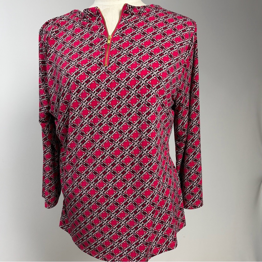 Red Geometric Chain Print Quarter Zip Blouse Top